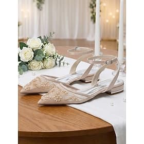 Women's Champagne Pearl Embroidered Low Heel Wedding Flats – Elegant Bridal Shoes for Garden Weddings