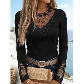 Women's T Shirt BurgundyTee Mesh Patchwork Top Lace T-shirt Lace Patchwork Floral Elegant Vintage Fashion Long Sleeve Round Neck Regular Tops Casual Weekend B