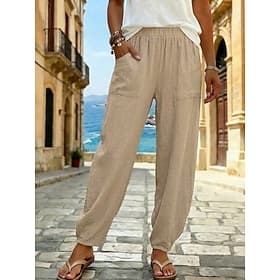 Women's 100% Cotton  Summer Pants Pants Trousers Beach Pants Vacation Boho Ankle-Length Natural Solid Color Pocket Elastic Waist Beach Causal Black White Army