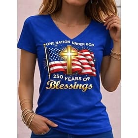 Independence Day American Anniversary Patriotic Women's T Shirt Print Graphic Flag Vintage Stylish Classic Short Sleeve V Neck Regular Tops Daily Blue Black Wh thumbnail 4