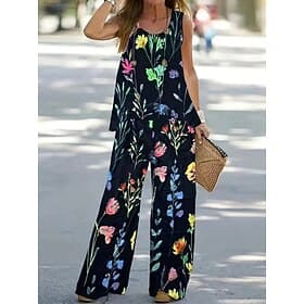 Women's Pants Sets Sleeveless Round Neck U Neck Floral Graphic Vacation Daily Casual Daily Black Spring  Summer Regular Fit