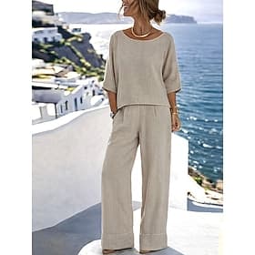 Women's Cotton Linen Sets Pants Sets Bolero Top Half Sleeve Crew Neck Solid Color Fashion Streetwear Casual Daily Outdoor Blue Black White Summer Regular Fit
