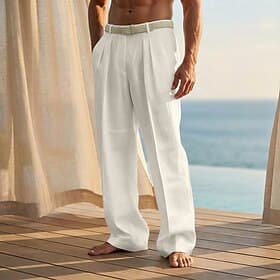 Men's Linen Pants Trousers Summer Pants Front Pocket Pleats Straight Leg Plain Comfort Breathable Full Length Casual Daily Beach Vacation Fashion Black White I
