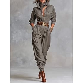 Women's Normal Jumpsuit Elegant Solid Color Long Sleeve Shirt Collar Pocket Buttons Daily Home Regular Fit Gray Spring