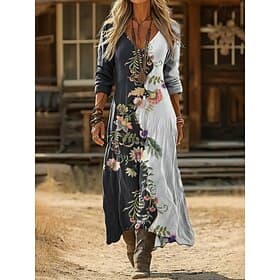 Women's Maxi long Dress Boho Dress Vintage Dress Casual Dress Vintage Daily Outdoor Vacation Regular Fit Floral Long Sleeve V Neck Black And White Spring Autum