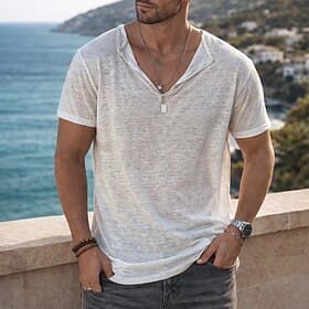 Men's Tee Top Linen T-Shirt Short Sleeve Short Sleeves Henley Collar Summer Plain Fashion Designer Basic Soft Casual Vacation Street Light Blue Top Tee for Men