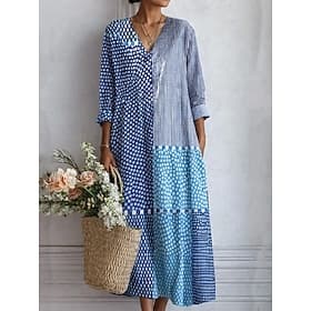 Damen Midi Kleid V-Ausschnitt Langarm Kaftan Leicht Lockerer Schnitt A-Linien Kleid Lässig Boho Ausgehen Grafisch Geometrisch Streifen Langarm V-Ausschnitt Ora thumbnail 4