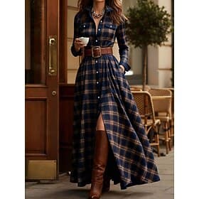 Dames Maxi-jurk Hemdjurk Vakantie Casual Boho Dagelijks Normale pasvorm Ruitjes Lange mouw Overhemdkraag blauw Geel Blozend Roze Rood Lente Herfst Winter