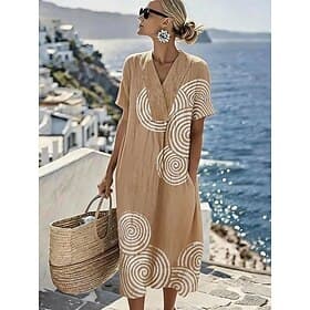 Women's Midi Dress Sundress A Line Dress Vacation Casual Beach Beach Party Loose Fit Graphic Geometric Short Sleeve V Neck Blue Purple Green Khaki Summer Sprin