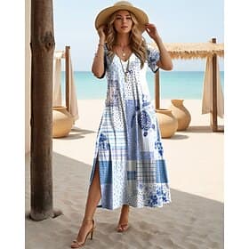 Women's Maxi Dress A Line Dress Casual Daily Regular Fit Geometric Short Sleeve V Neck Pink Sky Blue Brown Green Summer Spring