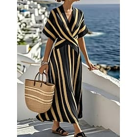 Mujer Vestido Midi Vestido de una línea Vacaciones Casual Exterior Noche Ajuste regular Raya Manga Corta Escote en Pico Azul marinero Amarillo Azul cielo Beige