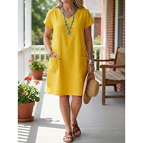 Women's Knee Length Dress Cotton Linen Dresses Shift Dress Casual Dress Elegant Fashion Modern Daily Outdoor Vacation Regular Fit Plain Short Sleeve V Neck Blu