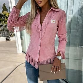 Women's Shirt Blouse Patchwork Buttons Fringe Plain Stylish Western Modern Long Sleeve Shirt Collar Regular Tops Daily Holiday Going out Pink Summer Spring thumbnail 2