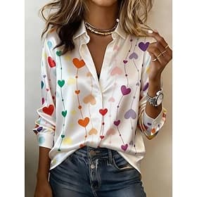 Women's Shirt Buttons Print Heart Graphic Elegant Stylish Modern Long Sleeve Shirt Collar Regular Tops Daily Work White Yellow Red Summer Spring