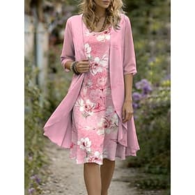 Women's Dress Set A Line Dress Elegant Vacation Floral Graphic Layered Print Midi Dress Half Sleeve Crew Neck Daily Blue Pink Purple Summer Spring Regular Fit