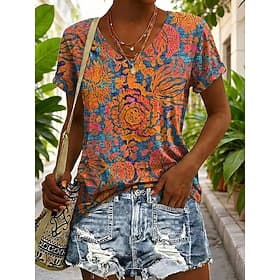 Women's T Shirt Print Graphic Geometric Plants Vintage Stylish Classic Short Sleeve V Neck Regular Tops Daily Blue Yellow Orange Summer Spring