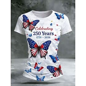 Independence Day American Anniversary Patriotic Women's T Shirt Print Graphic Flag Butterfly Stylish Classic Casual Short Sleeve Crew Neck Regular Tops Daily B