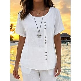 Women's Shirt Cotton Blend Blouse Buttons Plain Basic Modern Short Sleeve Crew Neck Regular Tops Daily Holiday Blue White Pink Orange Green Summer