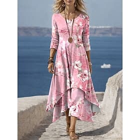Women's Midi Dress Shift Dress Casual Daily Holiday Regular Fit Floral Graphic Long Sleeve Crew Neck Blue Pink Purple Green Summer Spring