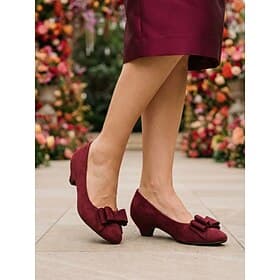 Women's Burgundy Bow Low Heel Pumps, Elegant Comfort Shoes for Mother of the Bride at Outdoor Garden Weddings