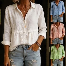 Women's Linen-feel Shirts Blouse Cotton Shirt Buttons Solid Color Basic Casual Long Sleeve Shirt Collar Regular Tops Daily White Pink Sky Blue Green Summer Spr