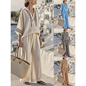 Women's Pants Sets Bolero 3/4 Length Sleeve Hooded Striped Fashion Streetwear Casual Daily Outdoor Blue White Camel Summer Loose Fit