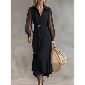 Women's Midi Dress Black Dress Shirt Dress Casual Dress Work Dress Elegant Fashion Modern Outdoor Vacation Going out Regular Fit Plain Long Sleeve Shirt Collar