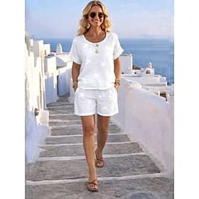 Damen Leinenartiges Set Shorts-Sets Bolero Kurzarm Rundhalsausschnitt Einfarbig Mode Streetwear Lässig Täglich Outdoor Blau Schwarz Weiß Sommer Lässiger Schnit