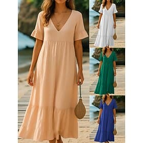 Women's Midi Dress Casual Dress Cotton Dress A Line Dress Fashion Modern Daily Beach Vacation Loose Fit Plain Short Sleeve V Neck Blue White Orange Green Summe