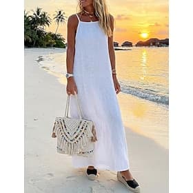 Femmes Robe maxi Coton mélangé Robe fourreau Robe d'Été Robe Décontractée Basique Occasionnel Quotidien Vacances Coupe régulière Uni Sans manches Bretelle Noir