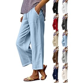 Women's Wide Leg Trousers Casual Pants Vacation Fashion Streetwear Full Length High Waist Plain Pocket Elastic Waist Comfortable Breathable Inelastic Daily Vac