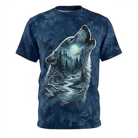 Howling Wolf Moon Forest 3D Graphic T Shirt Mens Blue Tie Dye Nature Wilderness Short Sleeve Tee Clothing Apparel S M L XL XXL XXXL