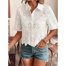 Women's Shirt Lace Shirt Blouse Hollow Out Plain Basic Classic Modern Short Sleeve Shirt Collar Regular Tops Daily Holiday Going out White Summer Spring