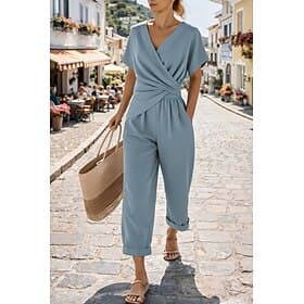 Women's Pants Sets Bolero Top Short Sleeve V Neck Plain Ruched Elegant Fashion Streetwear Casual Daily Outdoor Blue Khaki Beige Summer Regular Fit thumbnail 2