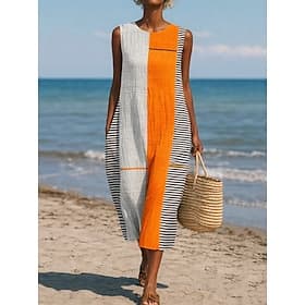 Women's Midi Dress Shift Dress Sundress A Line Dress Vacation Casual Boho Beach Going out Loose Fit Graphic Geometric Sleeveless Crewneck Blue White Yellow Pin