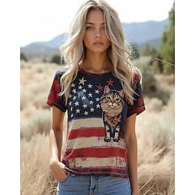 American Independence Day Women's T Shirt Print Graphic Letter American Flag Vintage Stylish Classic Short Sleeve Crew Neck Regular Tops Daily Red / Blue Summe