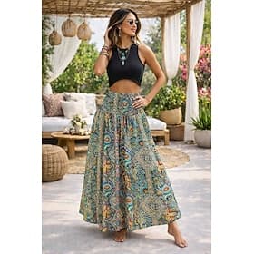 Damen A-Linie Maxiröcke Print Farbverlauf Urlaub Sommer Boho Schwarz Rosa Blau Orange