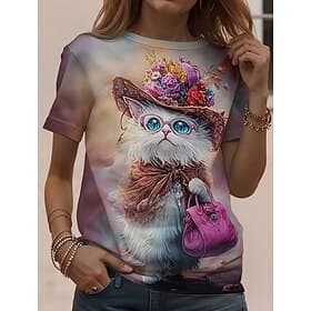 Damen T Shirt Druck Grafik Tiermotiv Vintage Stilvoll Klassisch Kurzarm Rundhalsausschnitt Rundhals Normale Oberteile Täglich Wochenende Schwarz und Rot Weiß /