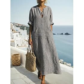 Women's Normal Maxi Dress Linen-feel Dresses Faux Cotton Linen Kaftan Dress Vintage Dress Stylish Casual Daily Work Loose Fit Stripe Long Sleeve V Neck Red Gre