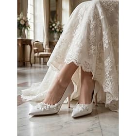 Zapatos de tacón alto blancos con punta puntiaguda y bordado floral para mujer: elegantes zapatos de novia para bodas urbanas.