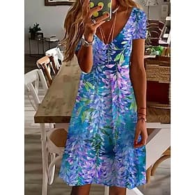 Women's Knee Length Dress Casual Dress Floral Dress Summer Dress Elegant Fashion Modern Outdoor Vacation Going out Regular Fit Floral Short Sleeve V Neck Blue thumbnail 2