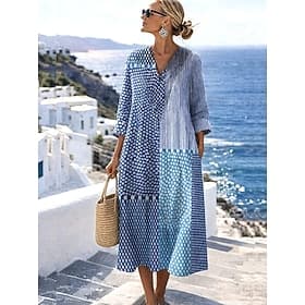 Damen Midi Kleid V-Ausschnitt Langarm Kaftan Leicht Lockerer Schnitt A-Linien Kleid Lässig Boho Ausgehen Grafisch Geometrisch Streifen Langarm V-Ausschnitt Ora thumbnail 2