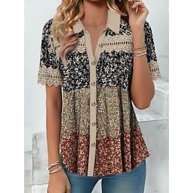 Women's Shirt Blouse Buttons Print Floral Stylish Modern Casual Short Sleeve Shirt Collar Regular Tops Daily Holiday Going out Brown Summer Spring