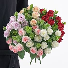 3 Bundles Artificial Eucalyptus Rose Flowers, Fake Floral Bridal Wedding Bouquet, Realistic Faux Flower Arrangements for Wedding, Party, Home Decor