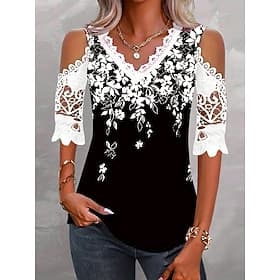 Women's Lace Splicing Top Blouse Lace Print Floral Stylish Casual Short Sleeve V Neck Regular Tops Daily Blue Black Red Purple Summer Spring