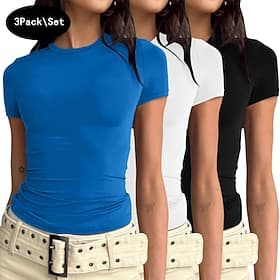 Multi Packs 3pcs Female Crew Neck Short Sleeve Blackwhitegrey T Shirt Tee Top Plain Casual Daily Polyester Summer