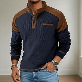 Men's Waffle T-shirt T Shirt Waffle Henley Shirt Long Sleeve Stand Collar Henley Fall Winter Spring   Fall Solid Color Traditional / Vintage Smart Casual Color