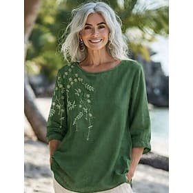 Women's Linen-feel Shirts Blouse Faux Linen Shirt Embroidered Buttons Floral Stylish Casual 3/4 Length Sleeve Crew Neck Regular Tops Daily Yellow Purple Green