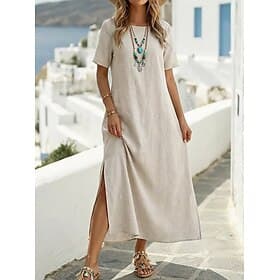 Femmes Robe maxi 100% Coton Robe d'Été Robe Blanche Robe de Plage Basique Occasionnel Quotidien Extérieur Coupe Ample Uni Demi Manches Col ras du cou Vert mili
