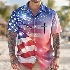 Herren 250. Jahrestag des Unabhängigkeitstages der USA am 4. Juli Kreuz US Flagge Hemd Kuba-Kragen-Hemd Knopfhemd Kurzarm Patriotisch Ferien Sommer Frühling He